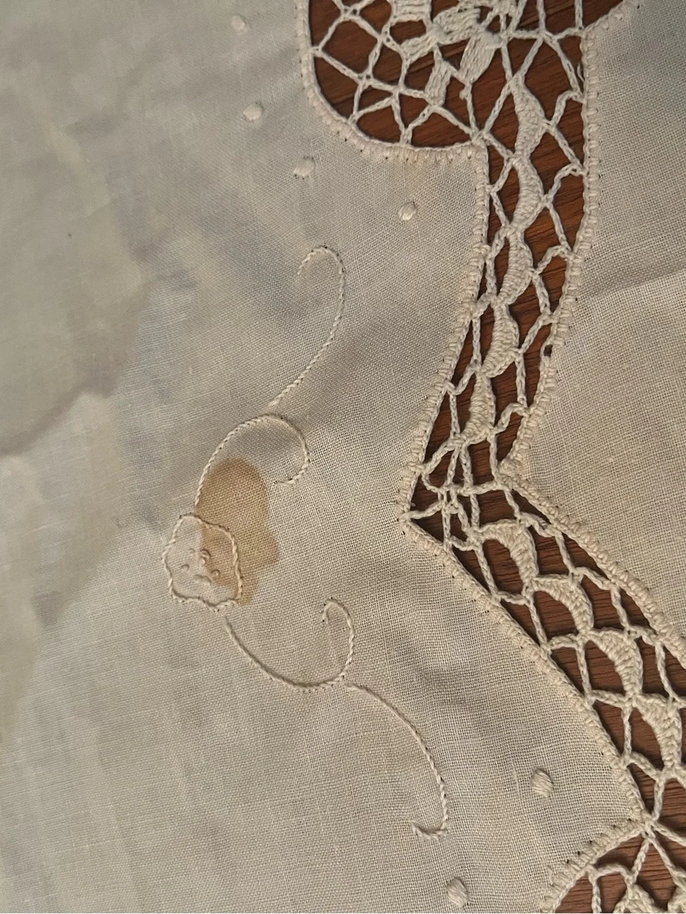 Vintage Italian Cotton Embroidered Crochet Beige Tablecloth 63” x120”